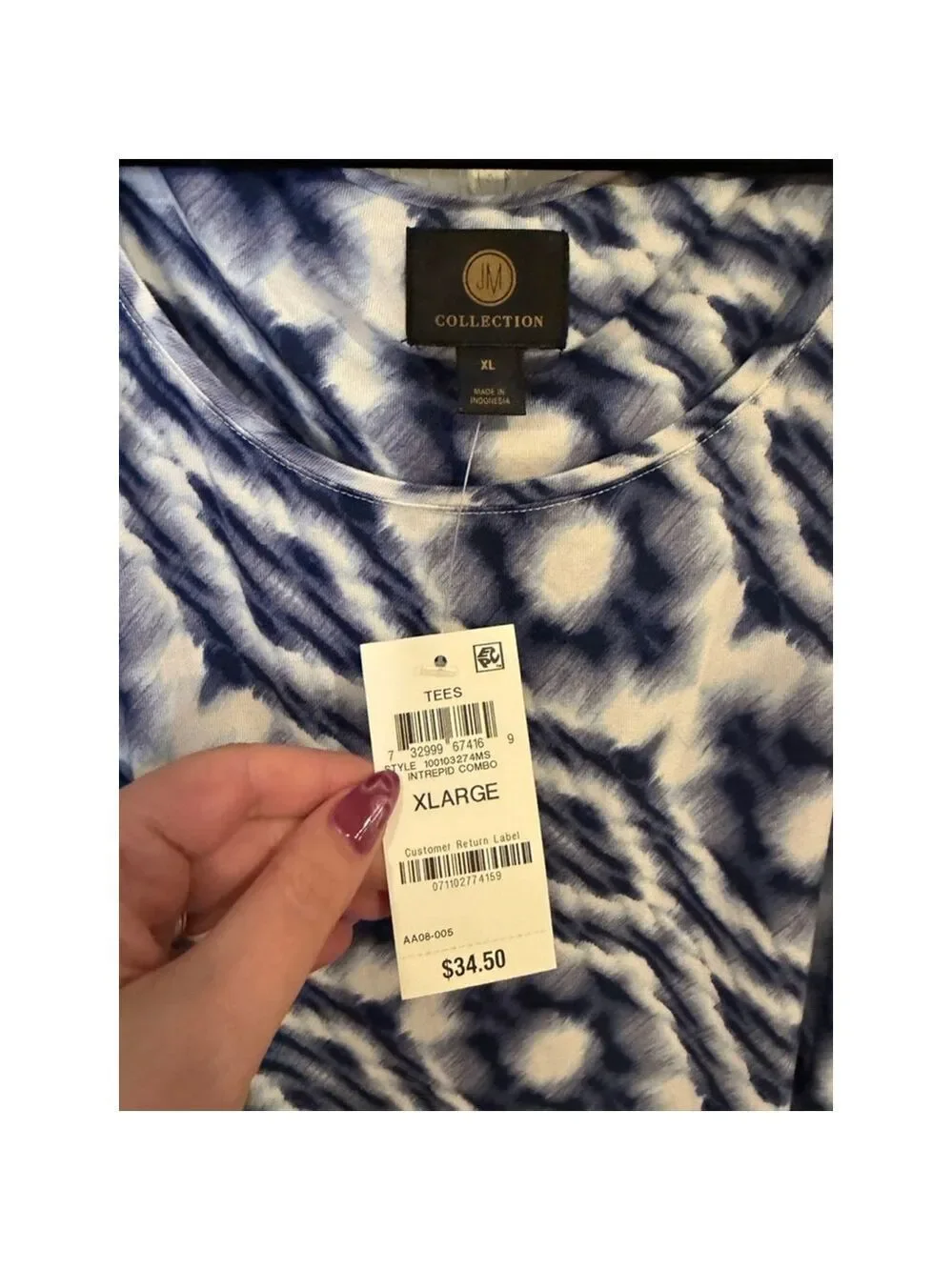 JM Collection Blue White Tie Dye Cold Shoulder Tee XL